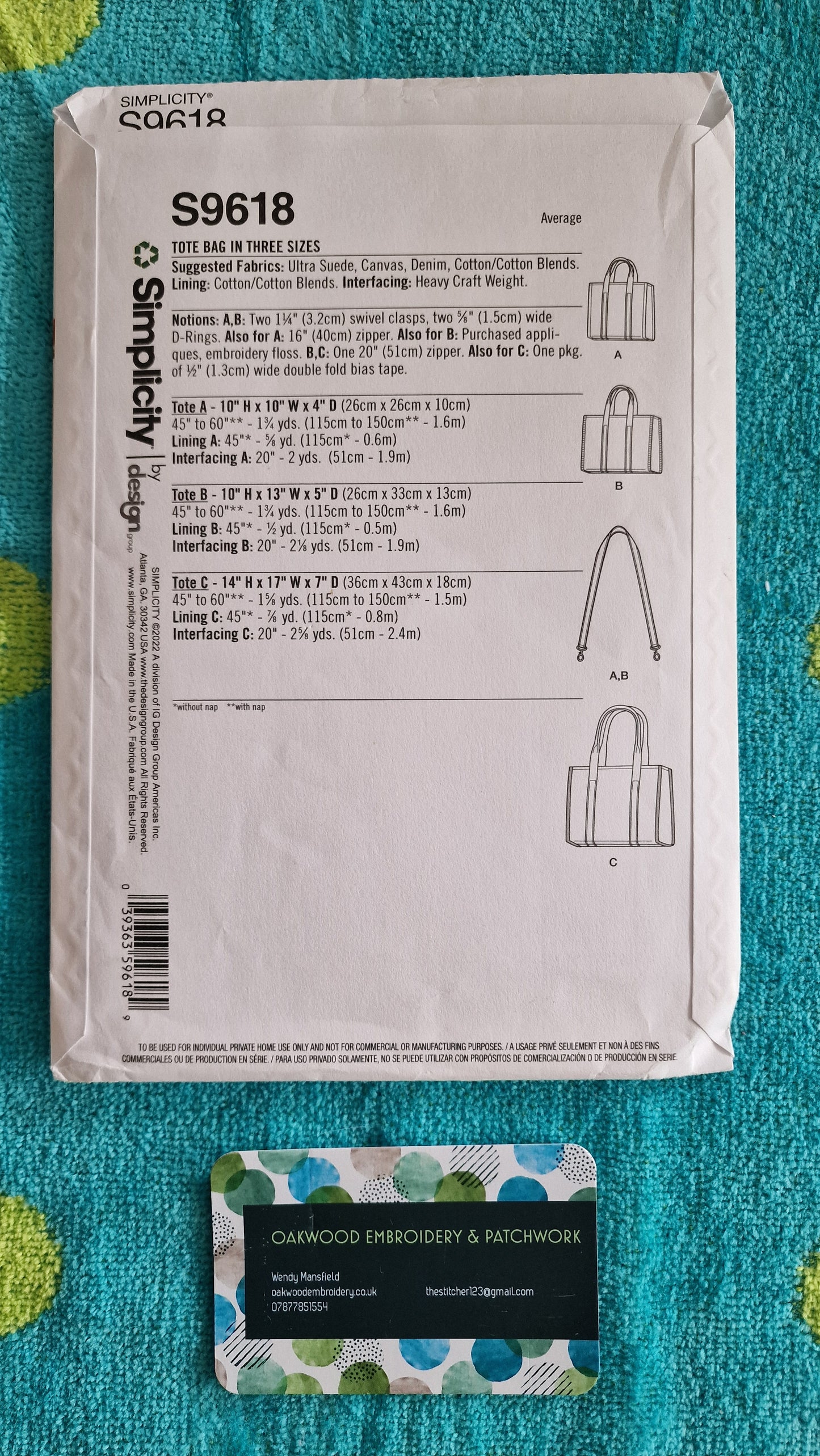 Bag Pattern - Simplicity S9618 - One Size