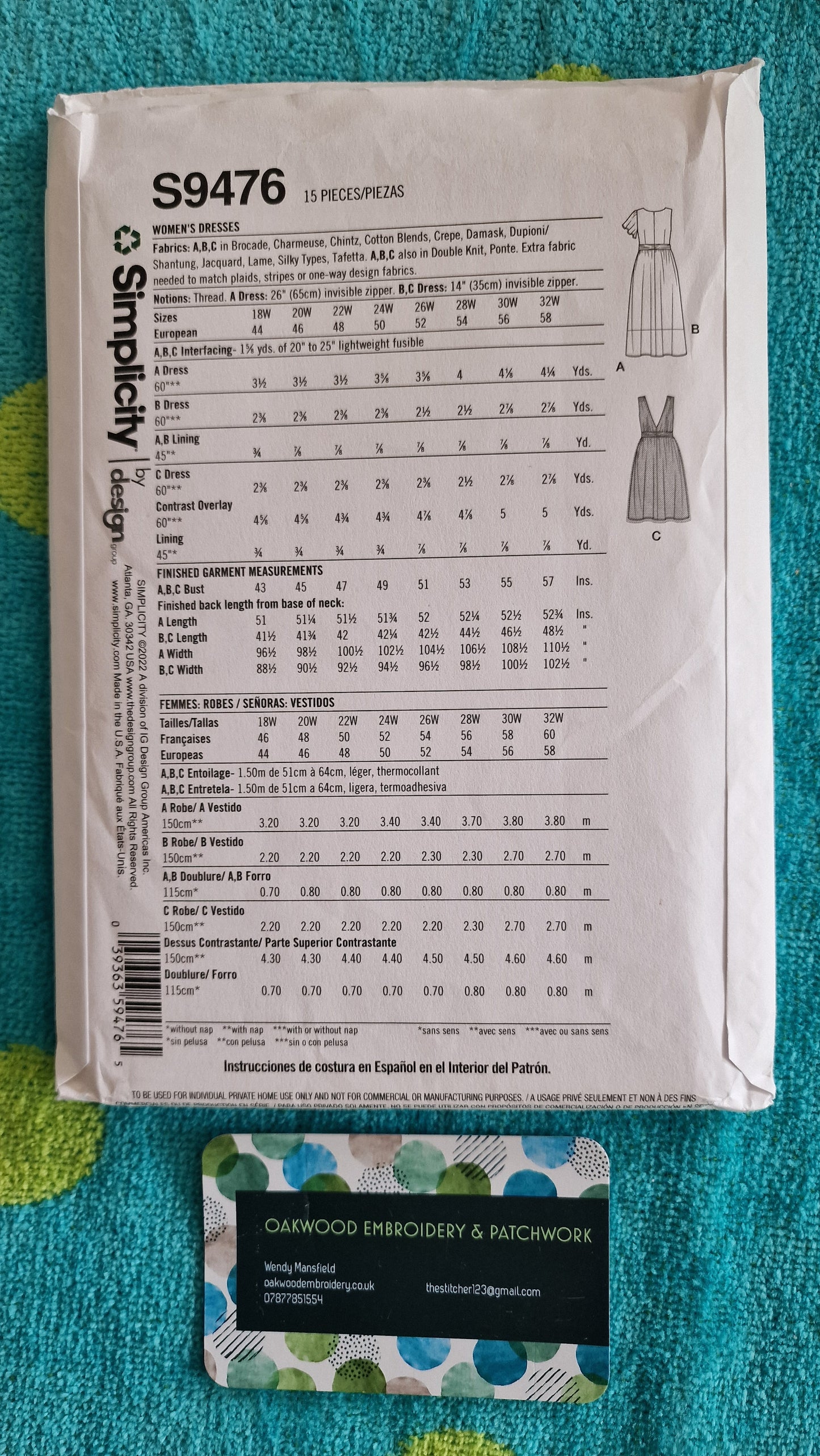 Dressmaking Pattern - Simplicity S9476 - Size 18W to 24W