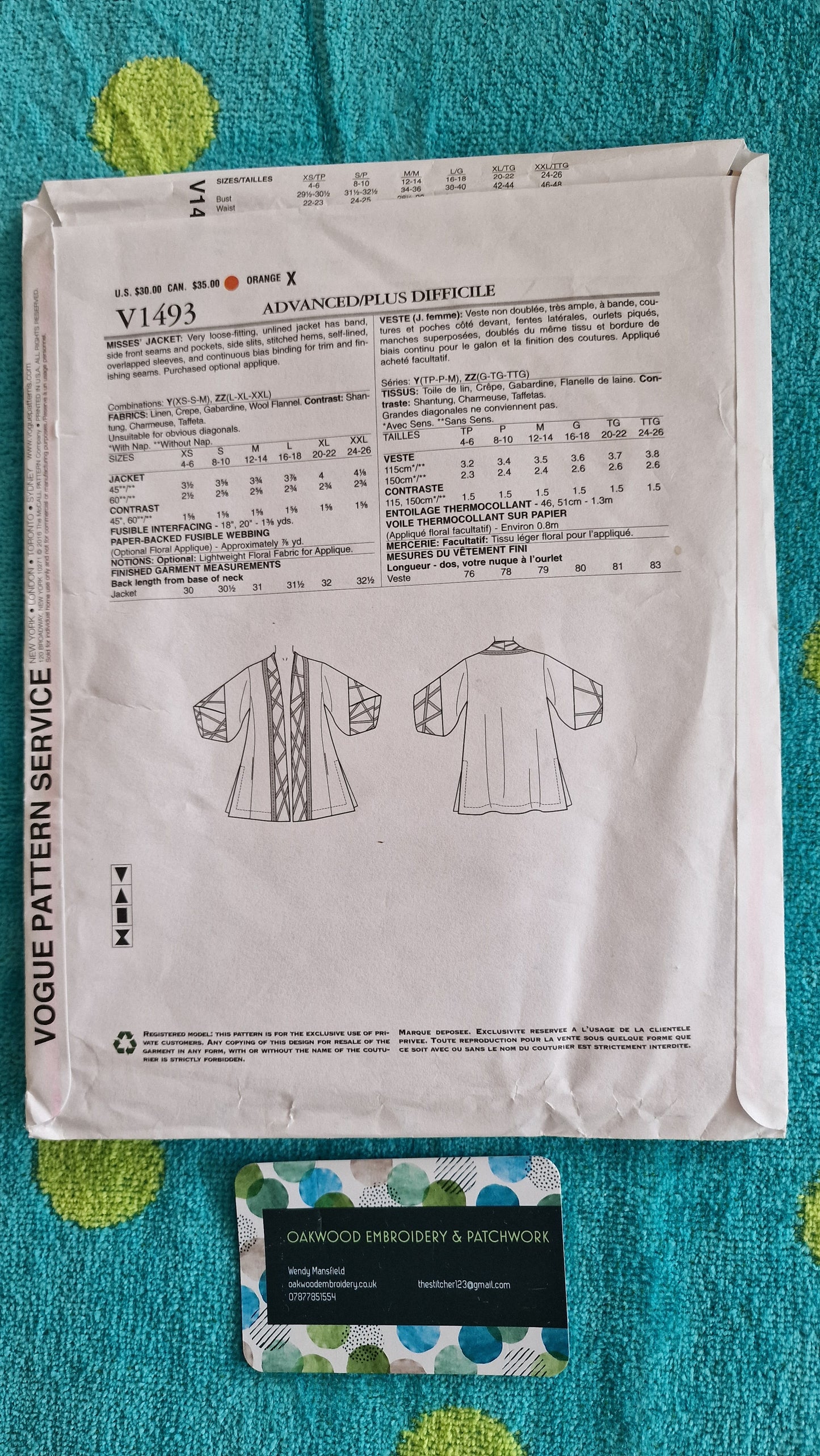 Dressmaking Pattern - Vogue V1493 - Koos Couture - Size XS to M