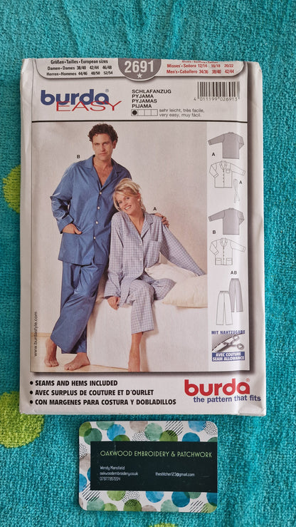 Dressmaking Pattern - Burda Easy 2691 Pyjamas - Size Mens 34-44 - Womens 12-22