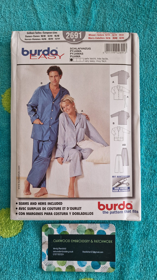 Dressmaking Pattern - Burda Easy 2691 Pyjamas - Size Mens 34-44 - Womens 12-22