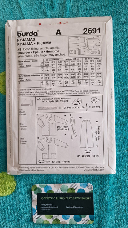 Dressmaking Pattern - Burda Easy 2691 Pyjamas - Size Mens 34-44 - Womens 12-22