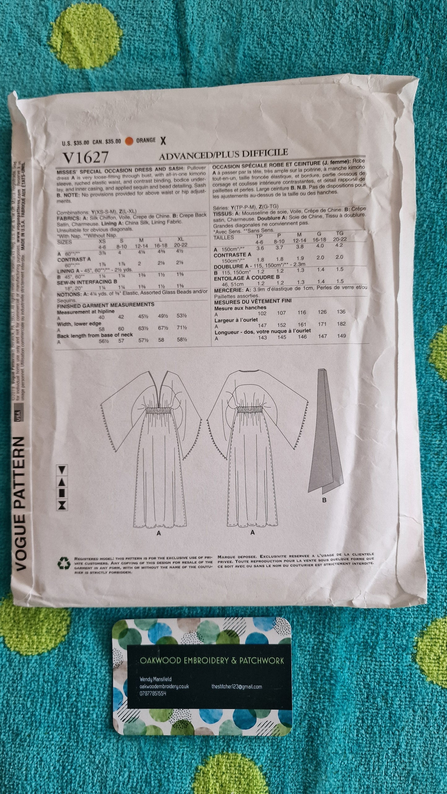 Dressmaking Pattern - Vogue - Zanola Rhodes - V1627 - Size XS to XL