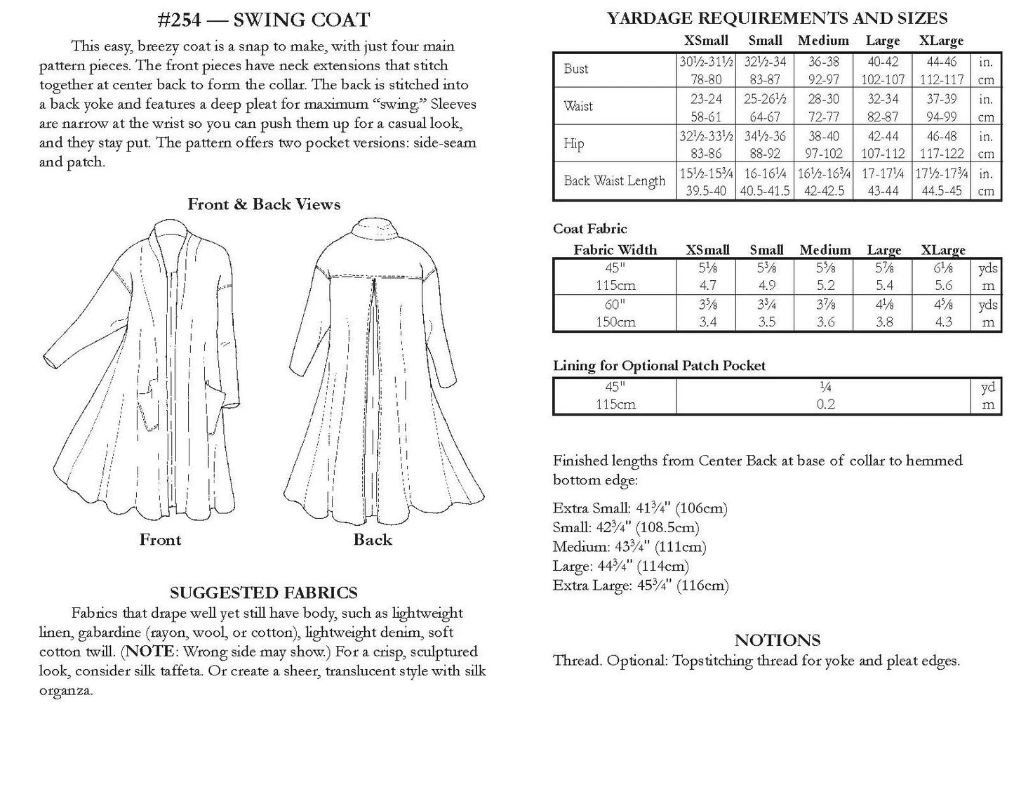 Folkwear Pattern - Swing Coat 254