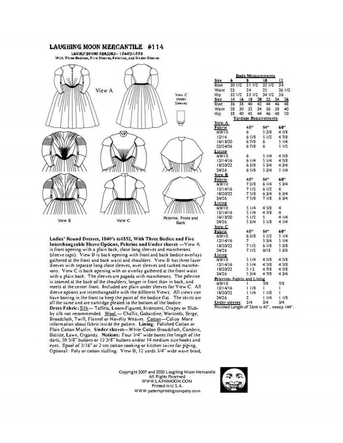 Dressmaking Pattern - Laughing Moon Mecantile No. # 114 Ladies Round Dresses - Size 6 to 26