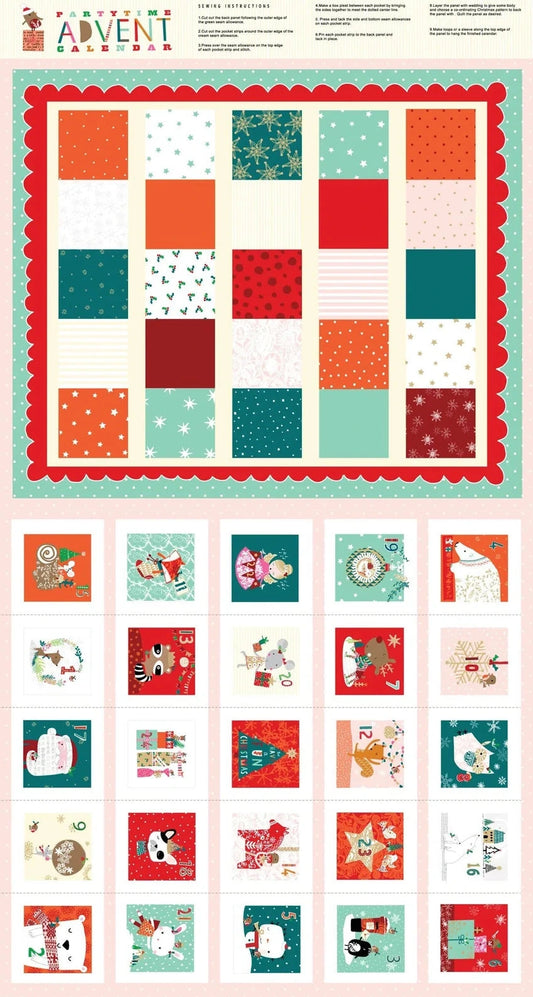 Christmas advent calendar with colorful squares and festive designs.